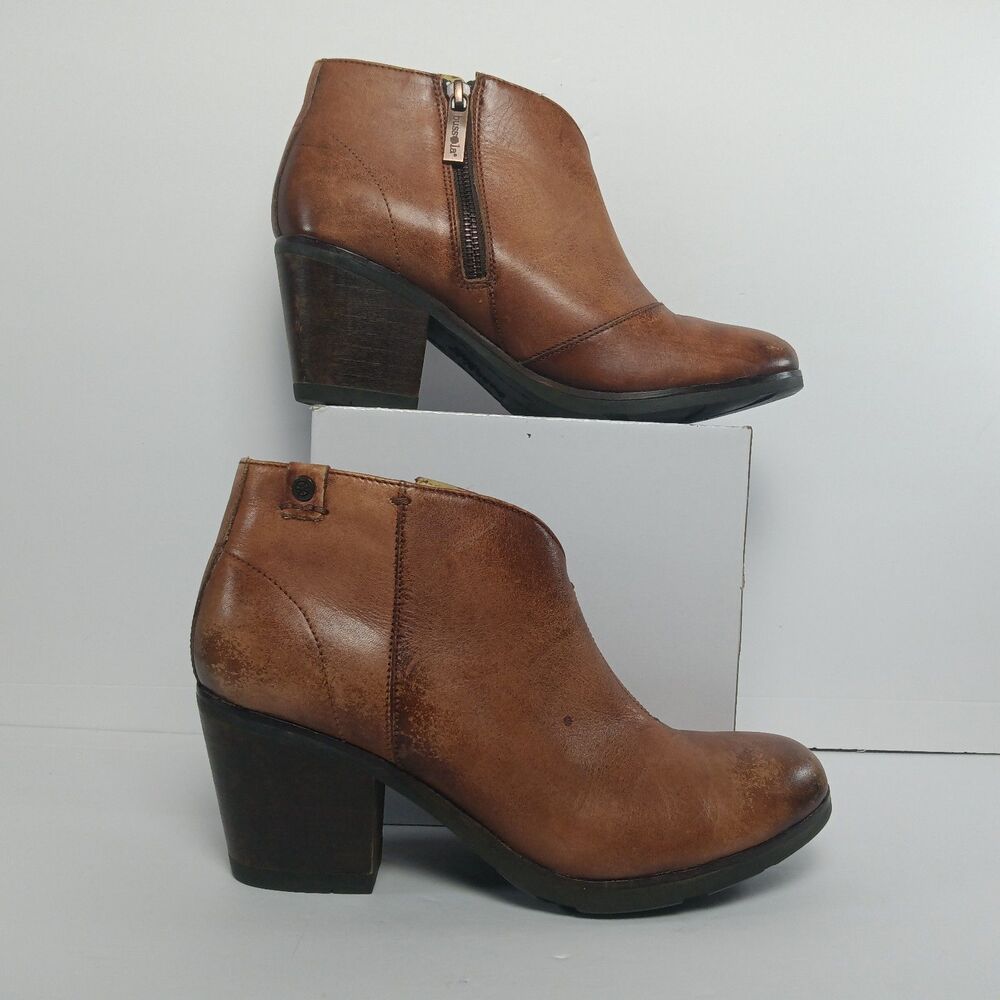 Bussola Reikiavik Toffee Brown Leather Block Heel Zip Up Ankle Booties Womens 39